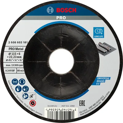 Диск карбофлексен за шлайфане Bosch на метал 115 мм, 22.23 мм, 6 мм, PRO Metal