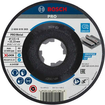 Диск карбофлексен за шлайфане Bosch на метал  115 мм, 22.23 мм, 6 мм, X-lock, PRO Metal