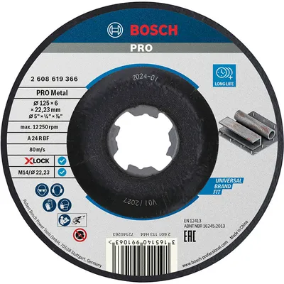Диск карбофлексен за шлайфане Bosch на метал  125 мм, 22.23 мм, 6 мм, X-lock, PRO Metal