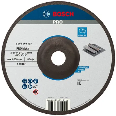 Диск карбофлексен за шлайфане Bosch на метал 180 мм, 22.23 мм, 6 мм, PRO Metal