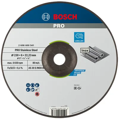 Диск карбофлексен за шлайфане Bosch на неръждаема стомана 230 мм, 22.23 мм, 6 мм, PRO Stainless Steel