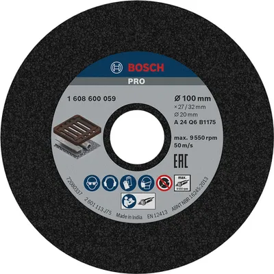 Диск керамичен за шлайфане Bosch прав цилиндричен от алуминиев оксид 100 мм, 20 мм, 27 мм, P24, PRO Metal