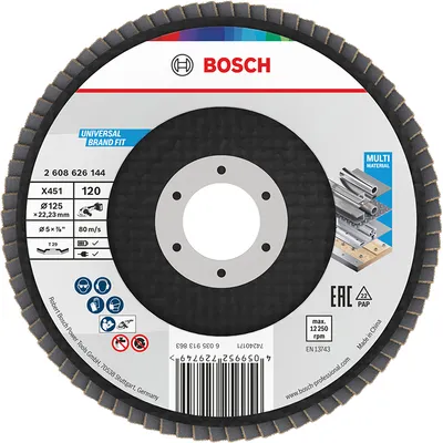 Ламелен диск за шлайфане Bosch на метал и неръждаема стомана 125 мм, 22.23 мм, P120, конусен, X451