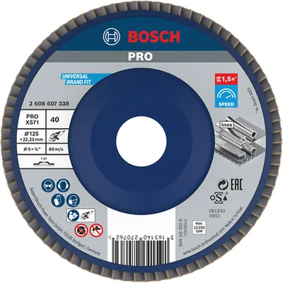 Ламелен диск за шлайфане Bosch на метал и неръждаема стомана 125 мм, 22.23 мм, P40, прав, PRO X571