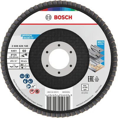 Ламелен диск за шлайфане Bosch на метал и неръждаема стомана 125 мм, 22.23 мм, P60, конусен, X451