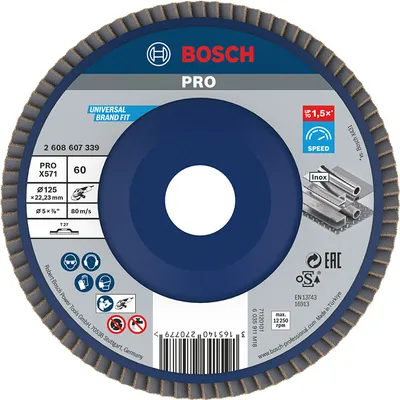 Ламелен диск за шлайфане Bosch на метал и неръждаема стомана 125 мм, 22.23 мм, P60, прав, PRO X571