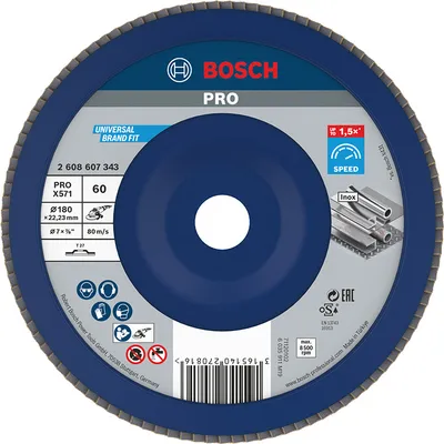 Ламелен диск за шлайфане Bosch на метал и неръждаема стомана  180 мм, 22.23 мм, P60, прав, PRO X571