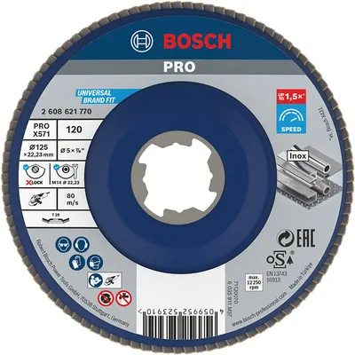 Ламелен диск за шлайфане Bosch на метал и неръждаема стомана X-lock, 125 мм, P120, конусен, PRO X571