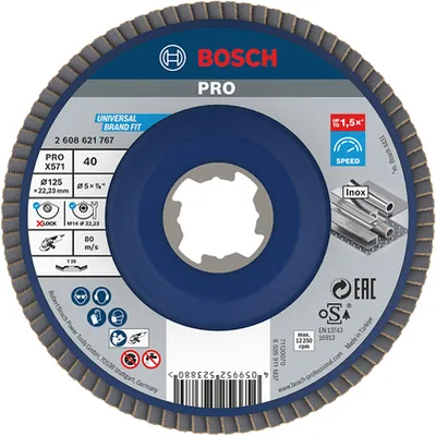 Ламелен диск за шлайфане Bosch на метал и неръждаема стомана X-lock, 125 мм, P40, конусен, PRO X571