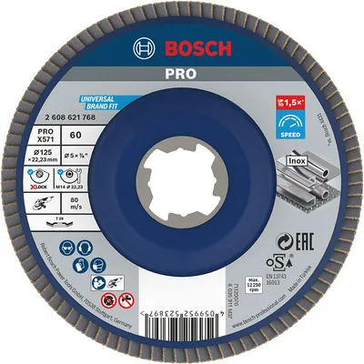 Ламелен диск за шлайфане Bosch на метал и неръждаема стомана X-lock, 125 мм, P60, конусен, PRO X571