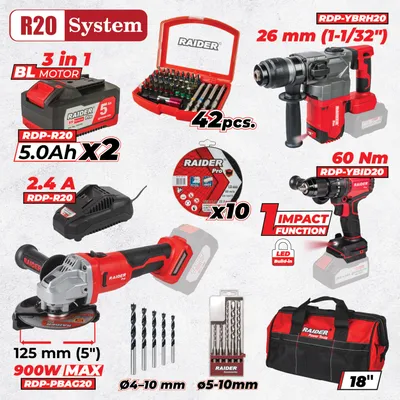 R20 Комплект 3 безчеткови машини 2x5Ah + 5 чанта RDP-BXS1