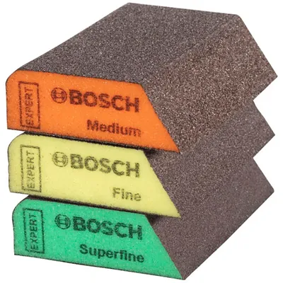 Шкурка върху гъба за ръчно шлайфане Bosch комплект 97x69x26 мм, много фина, средна, фина, 20 бр., Expert S470