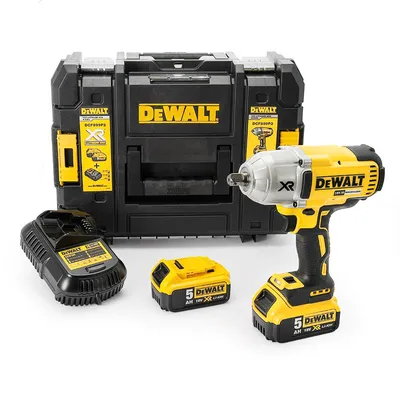 Акумулаторен гайковерт DeWALT с безчетков двигател с 2 батерии и зарядно, 18 V, 5 Ah, 950 Nm, квадрат, 1/2", DCF899P2