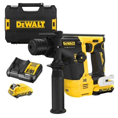 Акумулаторен перфоратор DeWALT с безчетков двигател с 2 батерии и зарядно, SDS-plus, 12 V, 3 Ah, 1.1 J, 0-4280 уд./мин, DCH072L2