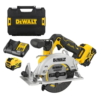Акумулаторен ръчен циркуляр DeWALT с 2 батерии и зарядно, 12 V, 5 Ah, ф 140 мм, 3600 об./мин, 50 °, DCS512P2