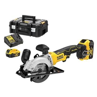 Акумулаторен ръчен циркуляр DeWALT с 2 батерии и зарядно, 18 V, 5 Ah, ф 115 мм, 4500 об./мин, DCS571P2