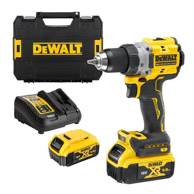 Акумулаторен винтоверт DeWALT с безчетков двигател с 2 батерии и зарядно, 18 V, 5 Ah, 90 Nm, 1.5-13 мм, DCD800P2T