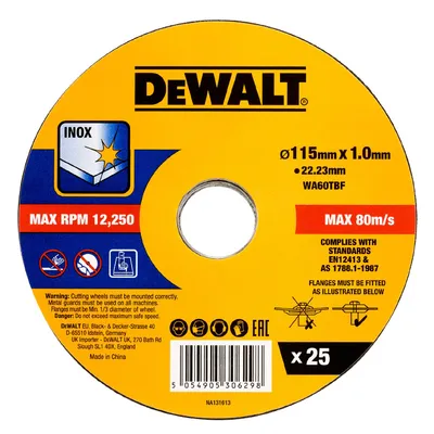 Диск карбофлексен за рязане DeWALT на неръждаема стомана  115 мм, 1 мм, 22.23 мм, DT20599