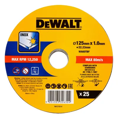 Диск карбофлексен за рязане DeWALT на неръждаема стомана 125 мм, 1 мм, 22.23 мм, DT20598