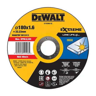 Диск карбофлексен за рязане DeWALT на неръждаема стомана 180 мм, 1.6 мм, 22.23 мм, Extreme