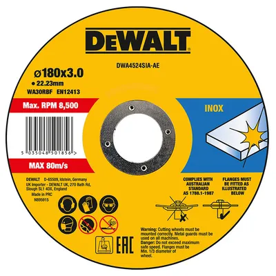 Диск карбофлексен за рязане DeWALT на неръждаема стомана 180 мм, 3 мм, 22.2 мм, DWA4524SIA