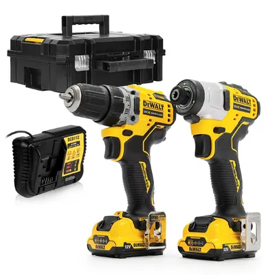 Комплект акумулаторни инструменти DeWALT с 2 батерии и зарядно, DCF801, DCD701, 12 V, 1.3 Ah, DCK2110C2T