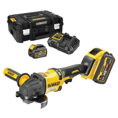 Акумулаторен ъглошлайф DeWALT с 2 батерии и зарядно, 54 V, 2 Ah, 125 мм, 9000 об./мин, DCG418T2