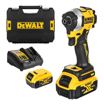 Акумулаторен гайковерт DeWALT с безчетков двигател с 2 батерии и зарядно, 18 V, 5 Ah, 206.2 Nm, шестостен, 1/4", DCF850P2T
