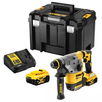 Акумулаторен перфоратор DeWALT с безчетков двигател с 2 батерии и зарядно, SDS-plus, 18 V, 5 Ah, 2.1 J, 0-4480 уд./мин, DCH283P2