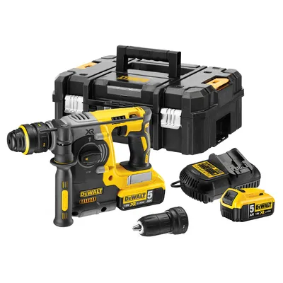 Акумулаторен перфоратор DeWALT с безчетков двигател с 2 батерии и зарядно, SDS-plus, 18 V, 5 Ah, 2.1 J, 0-4600 уд./мин, DCH274P2T