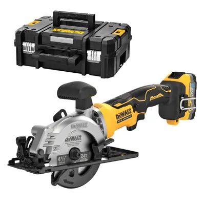 Акумулаторен ръчен циркуляр DeWALT с 1 батерия и зарядно, 18 V, 1.7 Ah, ф 115 мм, 0-4500 об./мин, 45 °, DCS571E1T