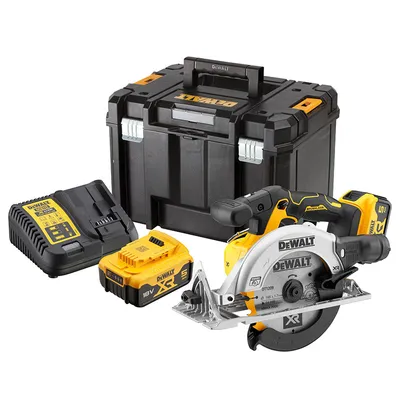 Акумулаторен ръчен циркуляр DeWALT с 2 батерии и зарядно, 18 V, 5 Ah, ф 165 мм, 4950 об./мин, DCS565P2