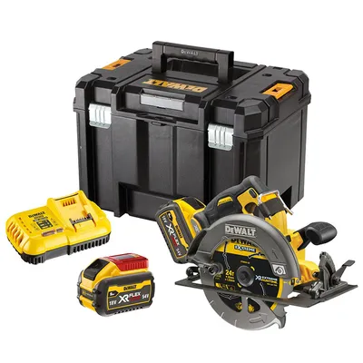 Акумулаторен ръчен циркуляр DeWALT с 2 батерии и зарядно, 54/18 V, 3/9 Ah, ф 190 мм, 5800 об./мин, DCS578X2