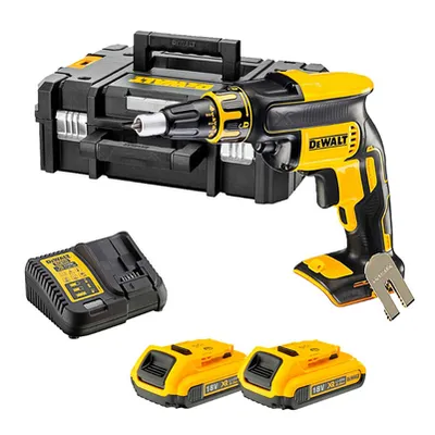Акумулаторен винтоверт DeWALT с безчетков двигател за сухо строителство с 2 батерии и зарядно, 18 V, 2 Ah, 30 Nm, 1/4", шестостен, DCF620D2