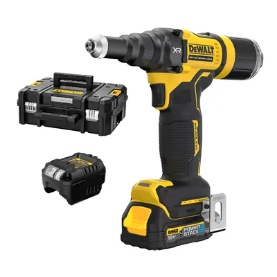 Акумулаторна нитачка за поп-нитове DeWALT с 1 батерия и зарядно, 18 V, 1.7 Ah, 10 kN, 2.4-4.8 мм, DCF403E1GT