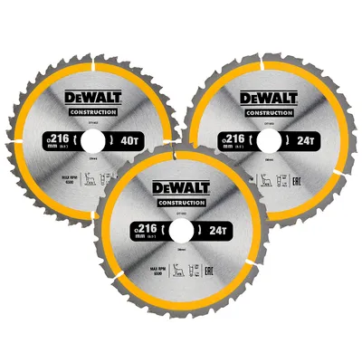 Диск циркулярен за рязане DeWALT комплект 3 бр. с HM пластини за дърво 216 мм, 30 мм, 2.6 мм, 24/40 z, Construction