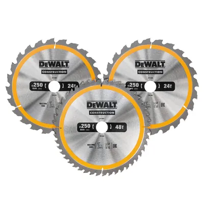 Диск циркулярен за рязане DeWALT комплект 3 бр. с HM пластини за дърво 250 мм, 30 мм, 3 мм, 24/48 z, Construction