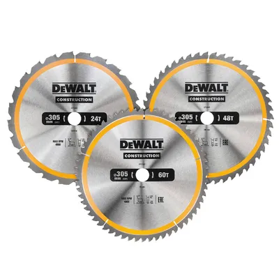 Диск циркулярен за рязане DeWALT комплект 3 бр. с HM пластини за дърво 305 мм, 30 мм, 3 мм, 24/48/60 z, Construction