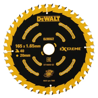 Диск циркулярен за рязане DeWALT на дърво фино напречно надлъжно с HM пластини 165 мм, 20 мм, 1.6 мм, 40 z, Extreme
