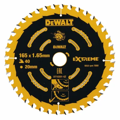 Диск циркулярен за рязане DeWALT на дърво фино напречно надлъжно с HM пластини 165 мм, 20 мм, 1.65 мм, 40 z, Extreme