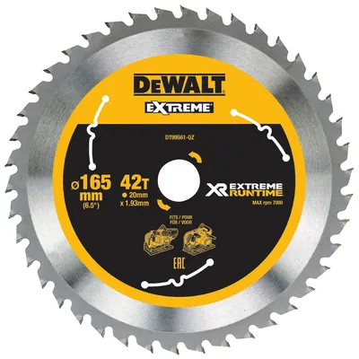 Диск циркулярен за рязане DeWALT на дърво фино напречно надлъжно с HM пластини 165 мм, 20 мм, 1.76 мм, 42 z, Extreme Runtime