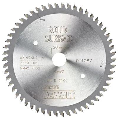 Диск циркулярен за рязане DeWALT на дърво фино напречно надлъжно с HM пластини 165 мм, 20 мм, 2 мм, 54 z, Extreme