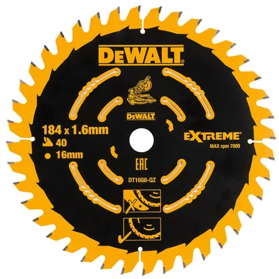 Диск циркулярен за рязане DeWALT на дърво фино напречно надлъжно с HM пластини 184 мм, 16 мм, 1.6 мм, 40 z, Extreme
