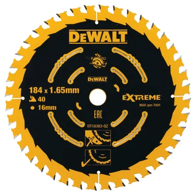 Диск циркулярен за рязане DeWALT на дърво фино напречно надлъжно с HM пластини 184 мм, 16 мм, 1.65 мм, 40 z, Extreme