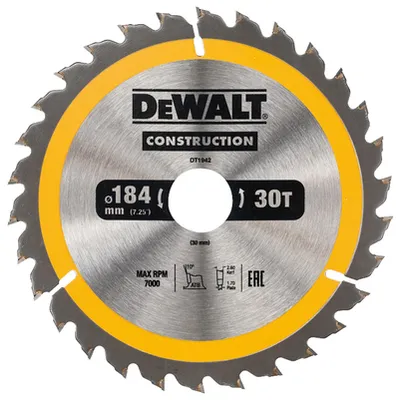 Диск циркулярен за рязане DeWALT на дърво фино напречно надлъжно с HM пластини  184 мм, 30 мм, 2.6 мм, 30 z, Construction