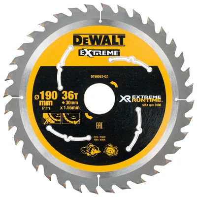 Диск циркулярен за рязане DeWALT на дърво фино напречно надлъжно с HM пластини 190 мм, 30 мм, 1.55 мм, 36 z, Extreme Runtime