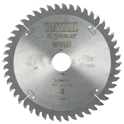 Диск циркулярен за рязане DeWALT на дърво фино напречно надлъжно с HM пластини 190 мм, 30 мм, 2.6 мм, 48 z, Extreme