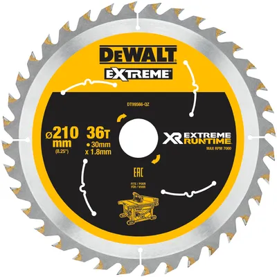 Диск циркулярен за рязане DeWALT на дърво фино напречно надлъжно с HM пластини 210 мм, 30 мм, 1.8 мм, 36 z, Extreme Runtime