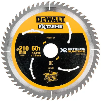 Диск циркулярен за рязане DeWALT на дърво фино напречно надлъжно с HM пластини 210 мм, 30 мм, 1.8 мм, 60 z, Extreme Runtime