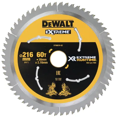 Диск циркулярен за рязане DeWALT на дърво фино напречно надлъжно с HM пластини 216 мм, 30 мм, 2.16 мм, 60 z, Extreme Runtime